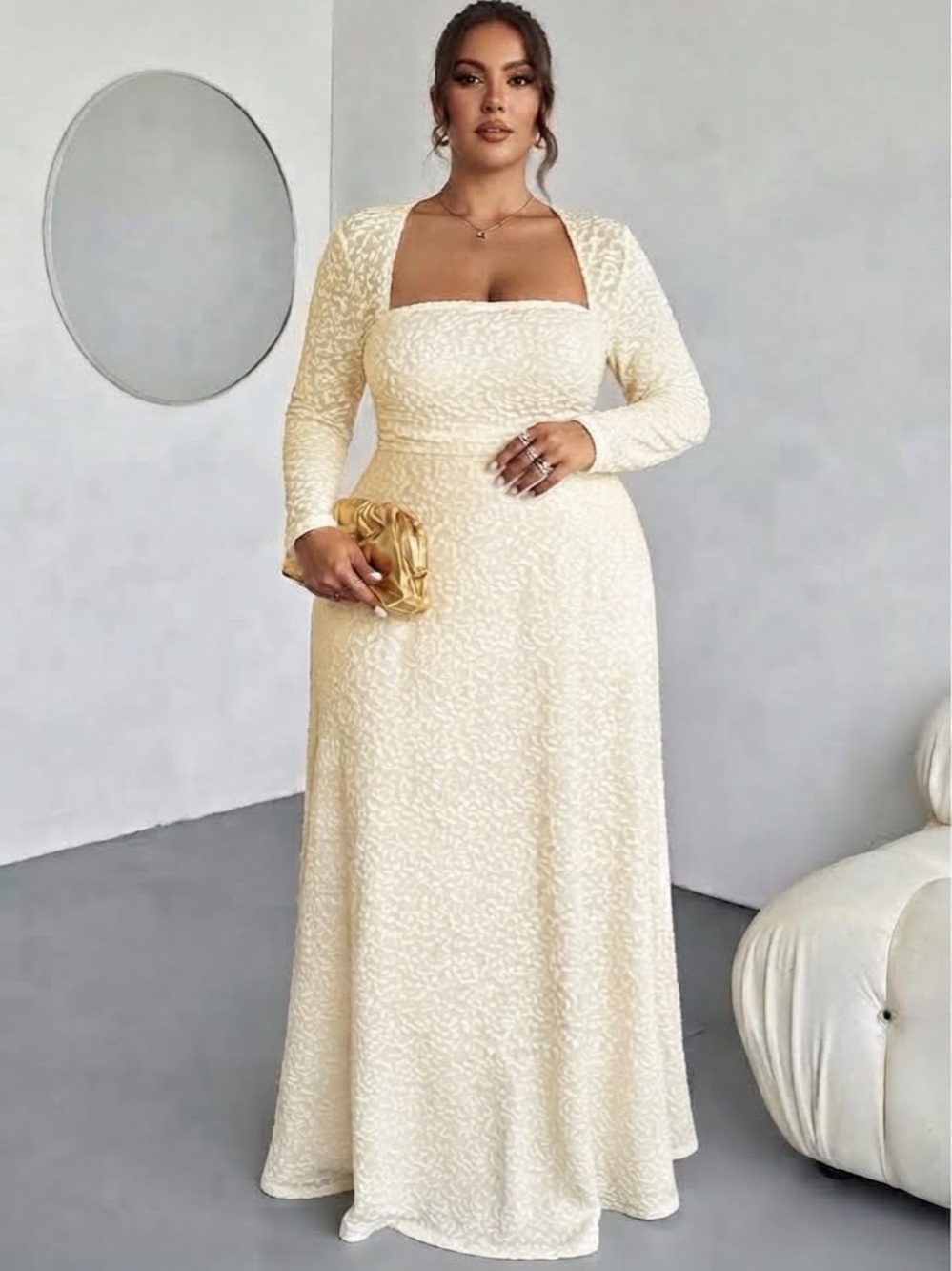 SHEIN Cream Textured Maxi Dress with Long Sleeve Overlay